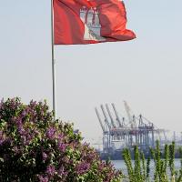 151_3044 Flagge Hamburgs im Garten von Oevelgönne - Containerkräne im Hamburger Hafen. | Oevelgoenne + Elbstrand.